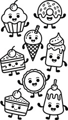 A charming collection of cute kawaii cartoon dessert characters, including smiling cupcakes, happy donuts, and cheerful ice cream cones, displayed as simple black and white outline doodle illustration