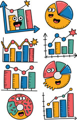 Colorful doodle illustration of playful anthropomorphic business bar charts, line graphs, and donut pie charts with happy faces, representing financial data visualization, educational statistics, metr