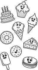 An adorable, charming black and white coloring page collection showcasing a wide assortment of happy, smiling dessert treats: tiered birthday cake with candles, frosted cupcake, waffle cone ice creams