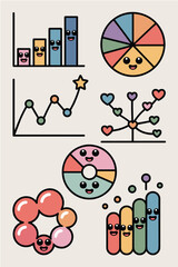 Adorable cartoon data visualization charts and graphs featuring happy smiling anthropomorphic bar columns, line plots, pie slices, and donut rings for business analysis presentations, education, and i
