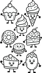Adorable kawaii cartoon compilation of happy smiling personified sweet treats and pastry characters, including a frosted cupcake, soft serve, waffle cone ice cream, glazed donut, cake slice, and cooki