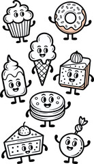 Collection of cute black and white doodle illustrations featuring happy dessert cartoon characters like a smiling cupcake, donut, ice cream cone, and cake slices, perfect vector graphic line art eleme