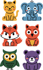 Adorable and highly stylized colorful group of six different animal characters like a cheerful cat, sad elephant, angry fox, majestic owl, and calm purple bear, presented as digital vector stickers fo