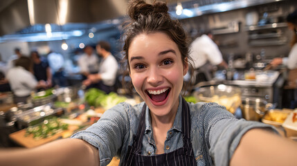 young joyful woman taking selfie during cooking class in professional kitchen culinary student learning chef instructor happy lifestyle casual education