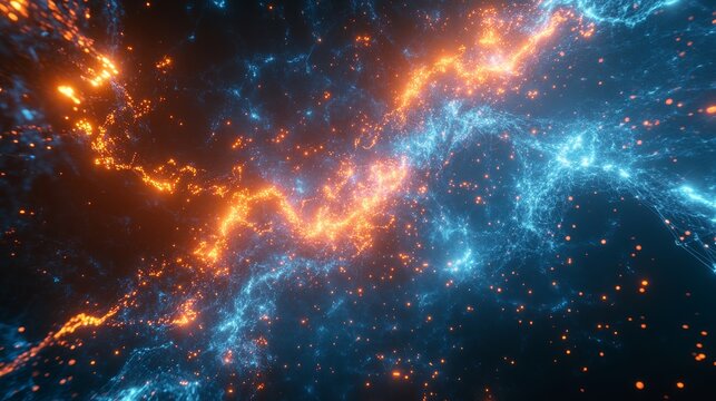 Cinematic cyberpunk scene with arcing neon filaments, electric blue and molten orange light beams crossing through dark space, computational fluid dynamics visualization, hyperdetailed digital art