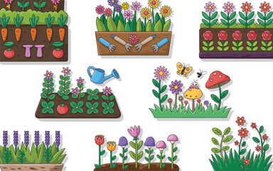 Cute cartoon vector illustration set of gardening elements including growing vegetables like carrots and tomatoes, various colorful spring flowers, detailed planting beds, whimsical mushrooms, and ess