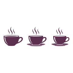 Obraz premium Three steaming coffee cups side by side illustration for cafe or restaurant graphic design concept with white background and purple color cups