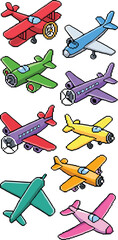 Diverse and colorful pixel art airplanes and aircraft collection featuring retro biplanes, modern jetliners, and single-engine propeller planes, designed in a charming 8-bit isometric style, perfect f
