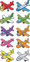 Vibrant assortment of colorful pixel art airplanes and transport aircraft sprites, including commercial, private, and propeller flight models, ideal for educational mobile app design, hobby, leisure,