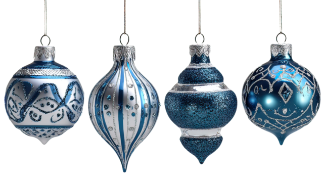 Four silver and blue glass ornaments hanging in assorted shapes on transparent background
