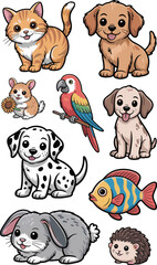 A charming collection of happy, adorable cartoon pet animals, including cute puppies, a playful kitten, a gray bunny rabbit, colorful fish, an exotic parrot, a hamster, and a tiny hedgehog, rendered i