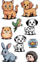 A delightful collection of cute cartoon domestic animals, including a happy orange tabby cat, friendly golden retriever puppy, spotted Dalmatian dogs, fluffy hamster, blue rabbit, green parrot, hedgeh