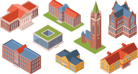 Isometric vector collection of institutional university campus buildings including traditional architecture, modern academic libraries, historic collegiate complexes, and educational infrastructure pl