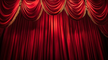 Massive draped theater curtains with detailed fabric folds, single powerful spotlight creating dramatic central highlight against crimson velvet, historic vaudeville stage presence, subtle gold