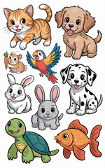 A vibrant collection of cute cartoon pet and domestic animals, including a happy tabby cat, friendly golden retriever puppy, Dalmatian dog, white and gray rabbits, colorful parrot, turtle, goldfish, a