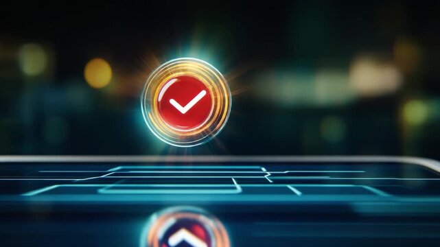 Digital Assurance: A futuristic display presents a glowing check mark, symbolizing validation and approval in a technological setting. The image evokes a sense of security and reliability.
