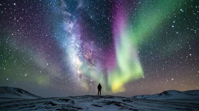Solitary silhouette stands on snowy terrain beneath a vibrant aurora borealis and the milky way galaxy