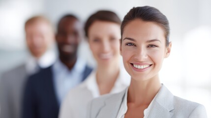 Fototapeta premium smiling professionals in modern office, teamwork and positivity, bright and clean design