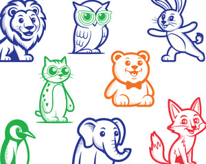 A diverse collection of friendly wildlife vector illustrations featuring cartoon mascots like a cheerful lion, intelligent owl, adorable rabbit, happy bear, smart cat, elegant elephant, penguin, and c