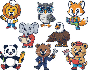 A charming collection of eight friendly cartoon animal characters showcasing diverse professional occupations and career concepts, including chef, mechanic, athlete, artist, and businessman mascots, r