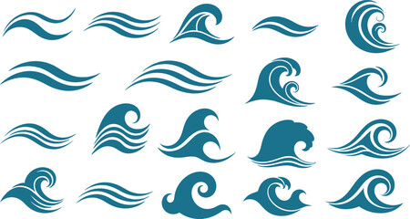 Stylized blue ocean waves, abstract water current elements, set of graphic sea wave symbols and icons collection Vector