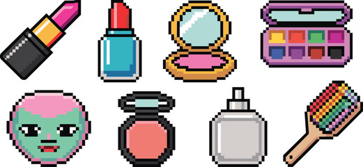A collection of colorful pixel art beauty and cosmetic products, including lipstick, nail polish, eyeshadow palette, perfume, and a rainbow hairbrush, designed in a classic 8-bit retro gaming icon sty