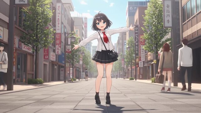 Anime Girl In School Uniform Dances On Japanese Street Sunny Day