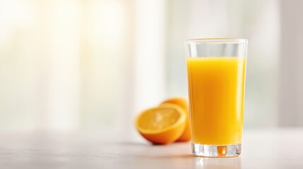 freshly squeezed orange juice in clear glass, bright morning light, healthy lifestyle concept