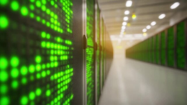 Digital Oasis: A state-of-the-art data center, pulsating with luminous green lights, underscores the power of technology and the vast digital landscape.