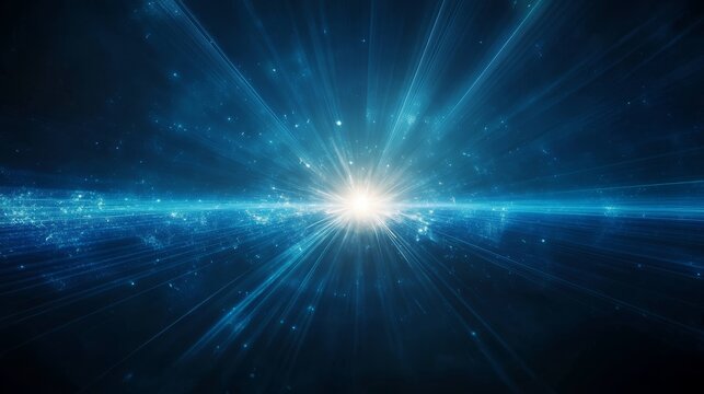 Hyper-detailed azure light rays emanating from single vanishing point against absolute darkness, photorealistic lens flares and atmospheric dispersion, ultramodern visualization