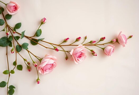 Delicate faded rosebuds and trailing ivy on a cream cotton background,  floral pattern,  vintage textile