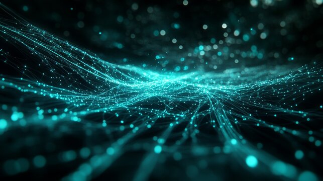 Cascading array of teal neon threads against bottomless dark void, motion-captured energy with subtle particle dispersion, cyberpunk-inspired technological vernacular