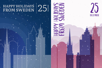 Naklejka premium Vector posters and cards set for winter holiday greetings from Sweden – Christmas, New Year. Designs with Stockholm and national landmarks, festive elements. Printable, editable