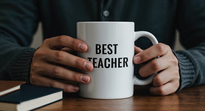 A Teacher's Appreciation: A close-up of hands tenderly holding a mug inscribed BEST TEACHER, a symbolic gesture of appreciation and admiration. Capturing dedication and education