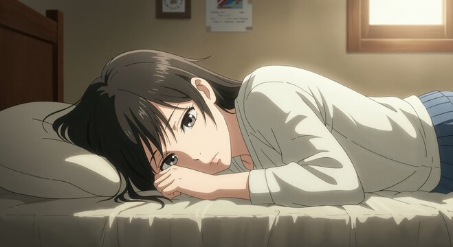 Serene Contemplation: In a quiet bedroom, a person lies on a bed, lost in thought. The scene evokes a sense of peace and tranquility, inviting reflection.