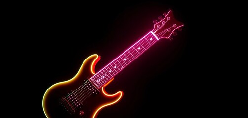 Neon guitar glowing vibrantly against a dark background, ideal for rock music event promotion,  rock and roll,  graphic