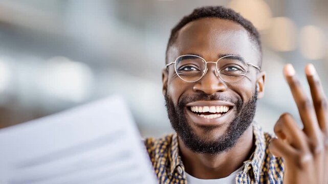 Excitement and Approval: A moment of satisfaction unfolds as a focused man, with glasses and a gesture of approval, shares a glimpse of document. A picture of confidence.