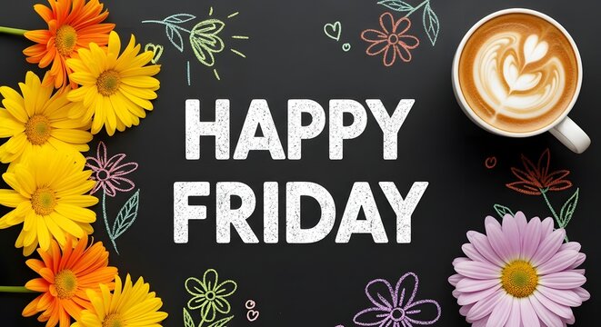 Happy friday message with flowers and coffee on a dark background