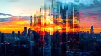Fototapeta premium Fragmented sunset transition with sky divided into vertical slices showing progression from azure daylight through golden hour to indigo night, urban skyline providing anchor point