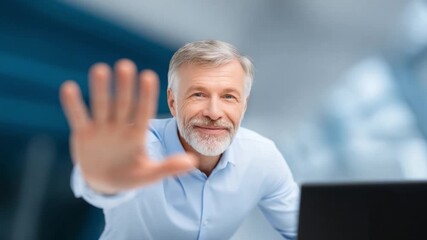 Embrace The Pause: A senior individual, radiating warmth and assurance, extends a hand in a gesture of stopping. The composition creates a sense of calm and a call to a moment of thoughtfulness.