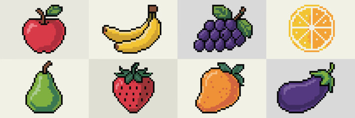 Vibrant pixel art collection of fresh, colorful fruits and vegetables grid, isolated on a clean background, featuring 8-bit retro icons like apple, banana, grapes, strawberry, pear, and purple eggplan