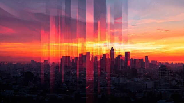 Layered horizontal bands capturing sunset transformation over iconic cityscape, each slice precisely timestamped with incremental light changes, photorealistic quality