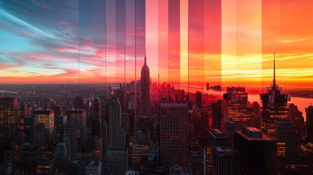 Layered horizontal bands capturing sunset transformation over iconic cityscape, each slice precisely timestamped with incremental light changes, photorealistic quality