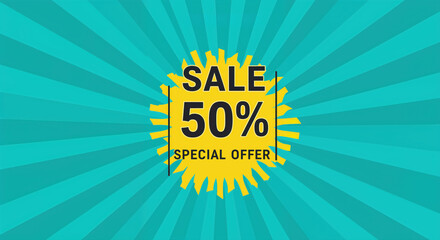Sale promotion: eye-catching graphics, a sunburst design, and bold typography combine to convey a strong message about the discount, making it ideal for grabbing attention and driving sales