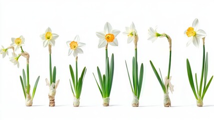 Precise botanical study presenting narcissus life cycle against seamless white background, professional staging of seven sequential growth phases, ultra-detailed plant anatomy visible in each stage,