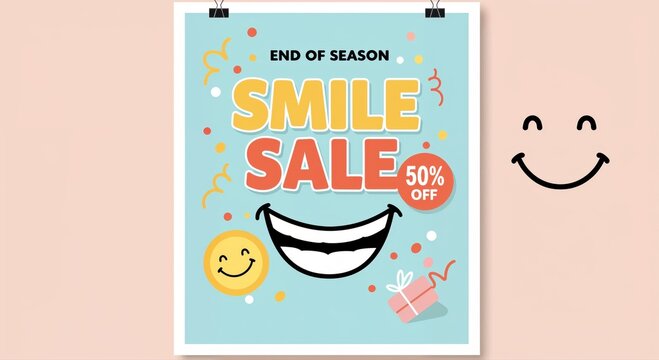 Smile Sale: Captivating shoppers with a vibrant poster, advertising a Smile Sale with bold typography and enticing illustrations, promising a cheerful shopping experience.