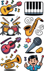 Obraz premium A vibrant, colorful collection of popular musical instruments and a happy conductor icon, featuring diverse elements like guitar, piano keyboard, drum kit, saxophone, trumpet, violin, and microphone,