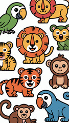 Naklejka premium A vibrant collection of cute cartoon jungle and zoo animals, including cheerful lions, striped tigers, playful monkeys, and colorful parrots, forming a fun vector illustration pattern design ideal for