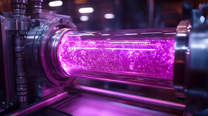 Laboratory glass cylinder with purple plasma