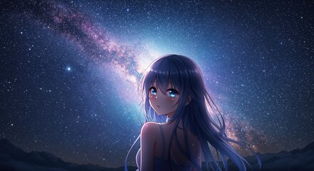 Stargazer's Serenity: A lone figure gazes in awe at the vast, star-studded cosmos, bathed in the ethereal glow of the galaxy. A moment of tranquil contemplation.